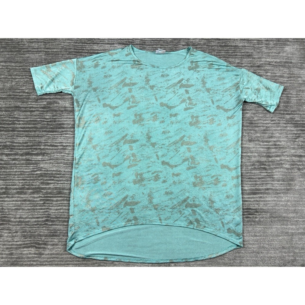 LulaRoe Top‎ Womens Large Green Metallic Tunic Short Sleeve Hi Low Hem
